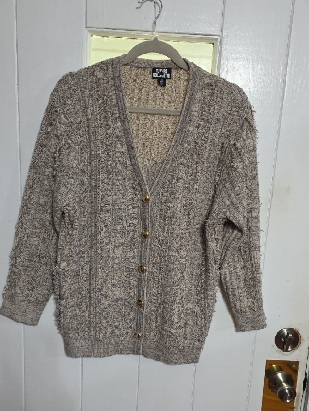 Future Collective Women's Cardigan Sweater V-Neck Buttons Fringey Sz XS‎ EUC
